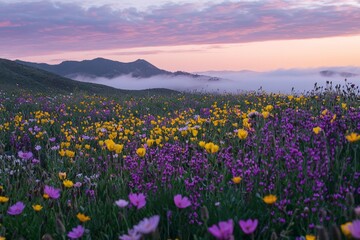 Obraz premium Purple and yellow flowers field during sunrise with a sea of clouds and mountains in the distance