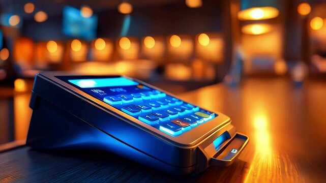 Card reader on counter in blurred restaurant. For point of sales system.