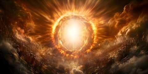 A dramatic, fiery explosion of light in the sky, surrounded by clouds and silhouettes of people, suggesting a grand or apocalyptic scene. Concept Dramatic Sky Explosion, Fiery Light Display