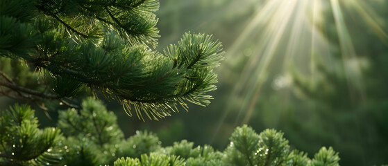 Obraz premium Lush Green Pine Branches with Soft Sunlight Filtering Through Trees in a Tranquil Forest Setting