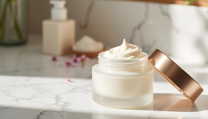 Luxurious hydrating face mask jar on marble vanity, morning sunlight