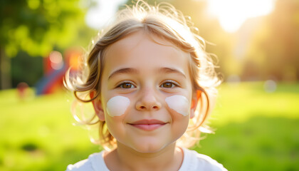 Child smiling with sunscreen on cheeks in sunny park, summer fun