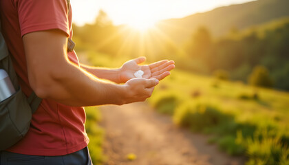 Man applying sunscreen on hiking trail in morning light, sun protection