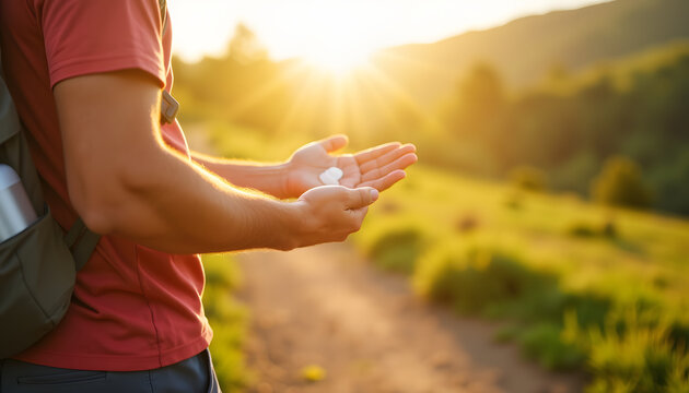 Man applying sunscreen on hiking trail in morning light, sun protection