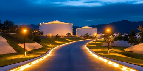 Obraz premium A well-lit road leading to large storage tanks, surrounded by greenery and mountains under a night sky. Concept Night Sky, Storage Tanks, Scenic Road, Lush Greenery, Mountain Landscape