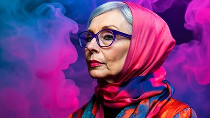 Elderly woman with vibrant scarf posing against colorful smoke background