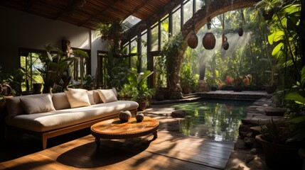 Fototapeta premium Tranquil Indoor Oasis: Luxury Villa with Pool and Lush Greenery