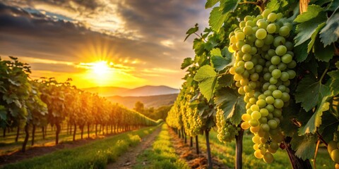 Golden Hour Grapes in a Vineyard: A Serene Low Light Photography Experience of Natureâ€™s Bounty at Dusk with Lush Vines and Sunlit Bunches for Stunning Landscape Imagery