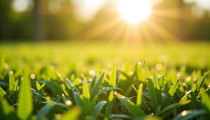 Fototapeta premium Morning dew glistening on fresh grass at sunrise, spring beauty