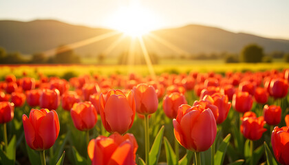 Vibrant tulip field basking in golden sunlight, spring beauty