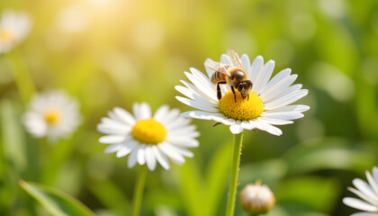 Obraz premium Bee collecting nectar on flower in spring meadow, nature's harmony