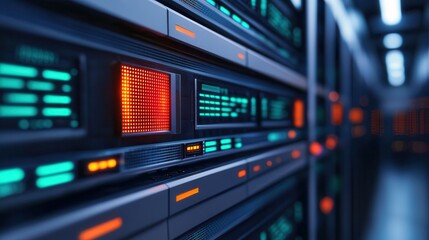 Cyber attacks threaten business continuity. High-tech server rack with illuminated digital displays.