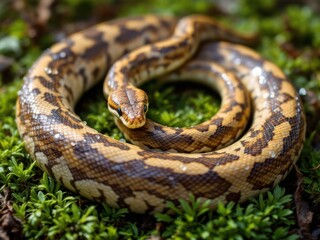 Fototapeta premium Coiled Python in Lush Green Moss
