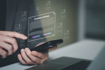 hand using laptop while choose to accept internet cookies policy or reject. Customer data privacy...