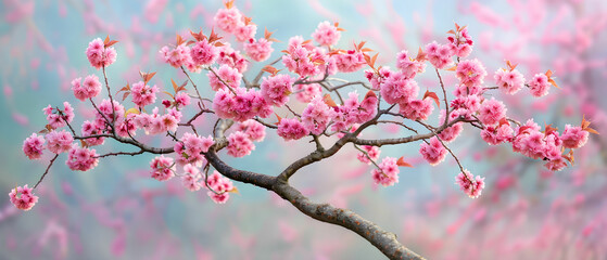 Beautiful Cherry Blossom Tree Branch with Pink Petals Against a Soft Background in Spring Season