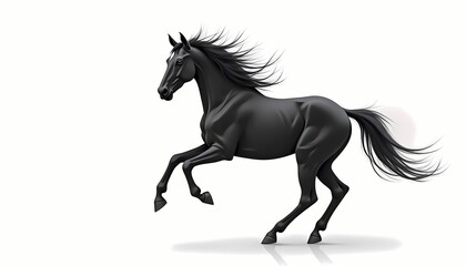 Fototapeta premium Black stallion running with flowing mane on white background.