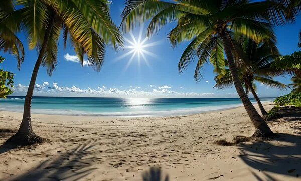 Tropical beach paradise with swaying palms and sparkling ocean waves