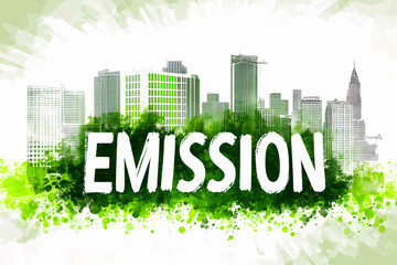 White sign Emission on green city background.
