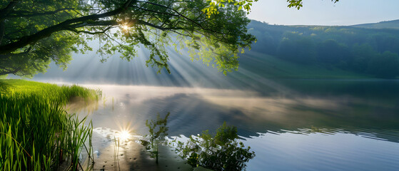 Obraz premium Serene Sunrise Over Misty Lake with Sun Rays Filtering Through Lush Green Trees