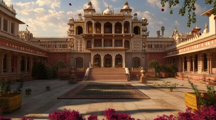 An elegant depiction of Rajwada Palace during a cultural event.