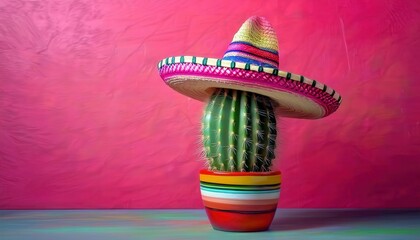 Whimsical Cactus with Colorful Mexican Sombrero in Vibrant Pink Background. Celebrating Mexican Culture and Decor Ideas for Festive Home, Cinco de Mayo Themes, or Unique Artistic Inspiration