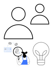 Large user profile icon, smaller user profile beside it, woman examining dollar symbol with magnifying glass. Transactional elements with card, currency symbols, lightbulb. Ideal for business