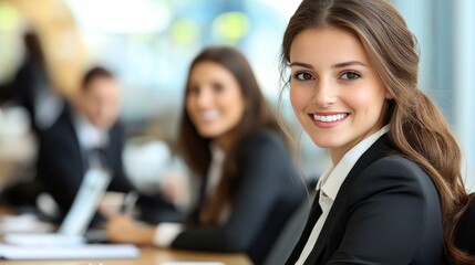 Happy female business professional with colleagues in meeting at office