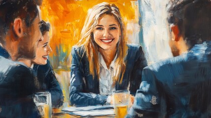 Happy female business professional with colleagues in meeting at office