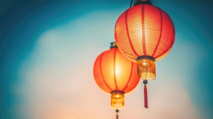 Vibrant red lanterns glowing against a twilight sky