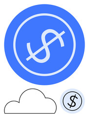 Blue circle enclosing dollar sign, black cloud outline, smaller dollar sign. Ideal for finance, cloud computing, technology, business, savings investments and economics. Line metaphor