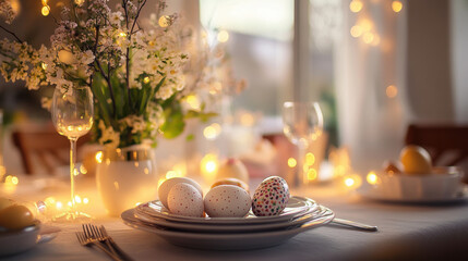 festive Easter table setting with decorated eggs and flowers