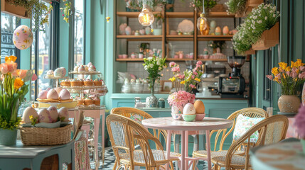 cozy Easter themed cafe with pastel decorations and floral arrangements