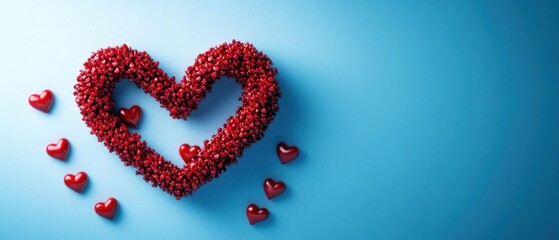 Romantic Red Heart Shaped Wreath with Little Hearts on Blue Background