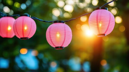 Festive pink lanterns glowing at sunset in a garden
