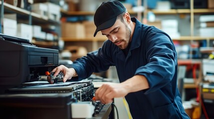 Technician repairing a printer in a workshop