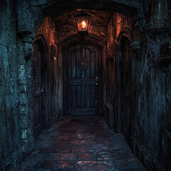 Fototapeta premium Dark, mysterious alley with glowing lantern above wooden door.