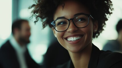 Happy female business professional with colleagues in meeting at office