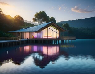 Fototapeta premium lake in the mountains, glistening lake, eco-friendly bungalow offers a breathtaking panoramic view of surrounding lush greenery, with morning sun casting a warm,
