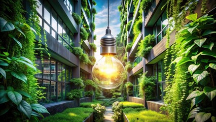 Naklejka premium Lightbulb Over Green Plants Symbolizing Green Energy and Sustainability in Architectural Photography