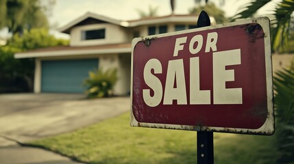 Obraz premium House For Sale Sign in Front of Suburban Home