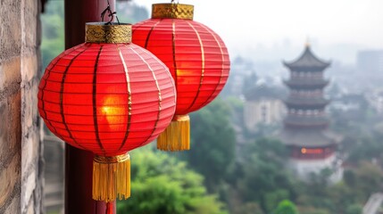 Obraz premium Traditional red lanterns illuminating a misty landscape