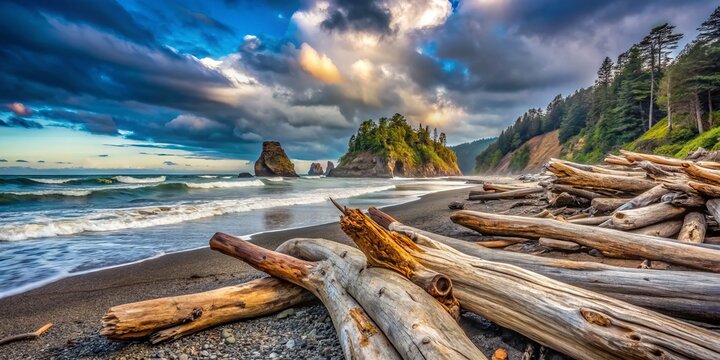 Driftwood on Ruby Beach, Washington Coast - Dramatic Seascape Stock Photo