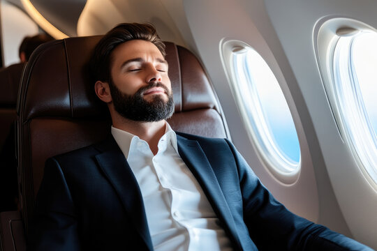 Luxury travel experience, businessman enjoying relaxation aboard a private jet, opulent interior, serene atmosphere, exclusive comfort.