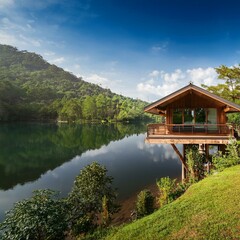 Obraz premium pavilion in the mountains, glistening lake, eco-friendly bungalow offers a breathtaking panoramic view of surrounding lush greenery, with morning sun casting a warm,