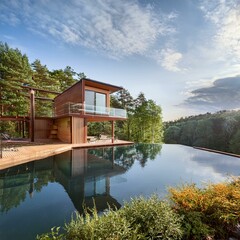Fototapeta premium house on the river, glistening lake, eco-friendly bungalow offers a breathtaking panoramic view of surrounding lush greenery, with morning sun casting a warm,