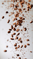 Obraz premium Coffee beans falling in a dramatic frozen motion above a bright background. Generative AI