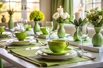 Elegant Table Setting with Green Placemats and White Dishware - Stock Photo