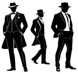 Men in suits fedora hats vintage fashion, shadow figures striking poses, classic hollywood retro illustration.
 