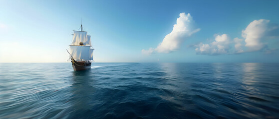 Majestic Sailing Ship with White Sails Gliding Across Calm Ocean Water Under Clear Blue Sky