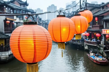 Vibrant red lanterns illuminating a historic waterway